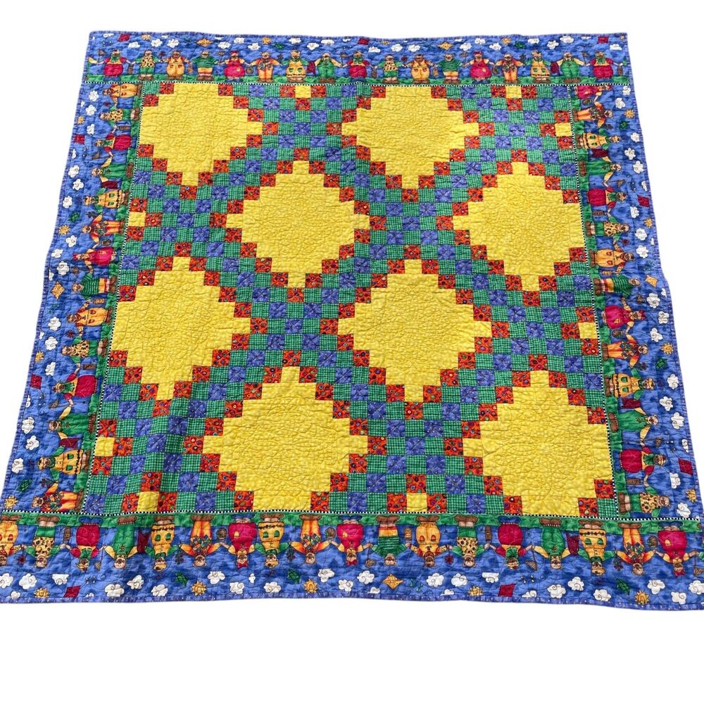 Quilt Irish Chain or Log Cabin Style Quilt Framed with Bears Holding Hands